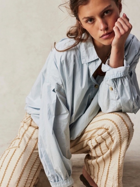Free People Tops - FREE PEOPLE- Light Blue Striped Bubble-Hem Button Top